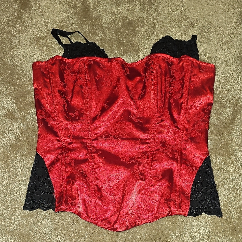 Frederick's of Hollywood Red Satin Bustier with Black Lace